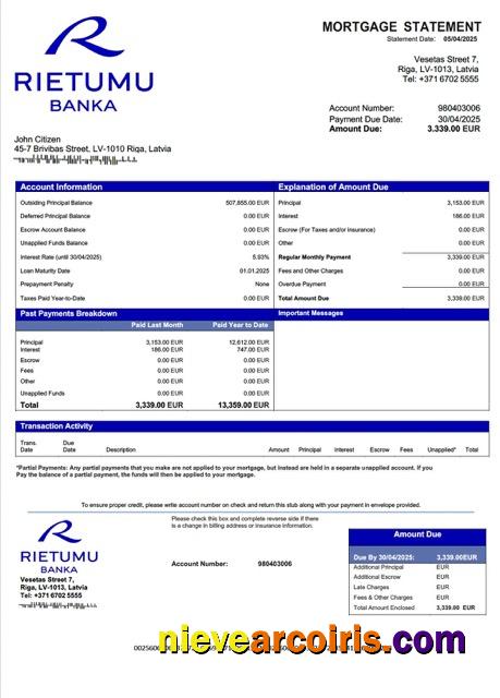 Latvia Rietumu Banka mortgage statement Word and PDF template